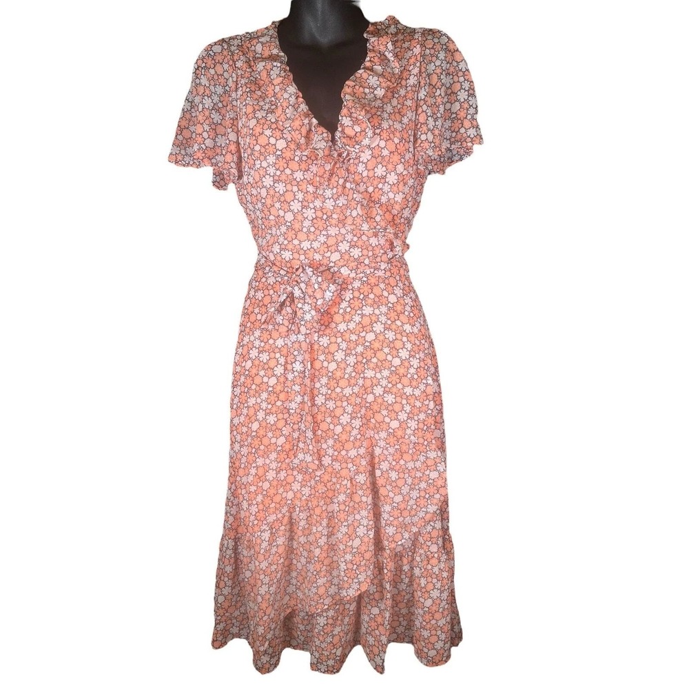 Michael Kors Coral Floral Ruffle Wrap Midi Dress Womens Summer Large High Low - Picture 2 of 7